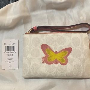 Coach Butterfly Corner Zip Wristlet in Signature Canvas W/Butterfly Chalk Taffy